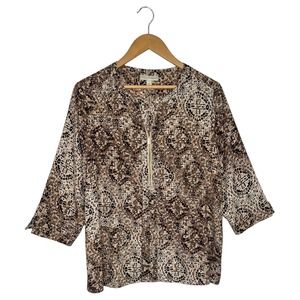 Dana Buchman Top Womens S Henley Zip Front V Neck Geometric Print Brown